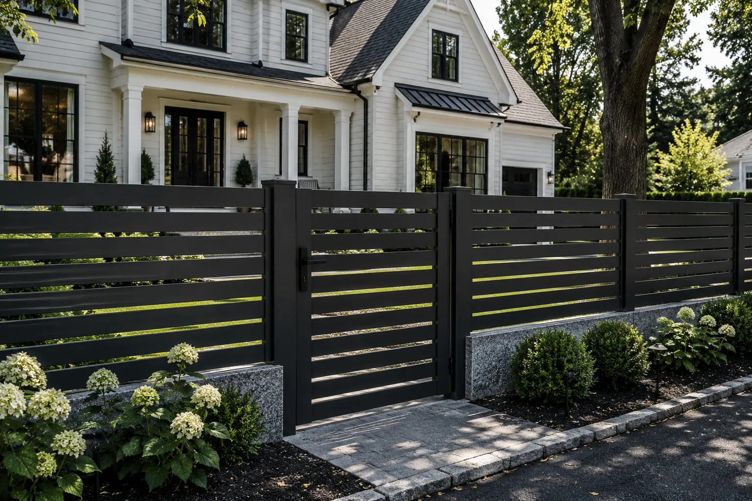 Black horizontal aluminum fence and gate outside a residential property